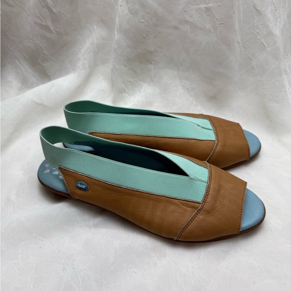 Cloud Brown & Blue Leather Slingback Sandals EU 40 Comfort Wedge Open Toe - Picture 6 of 8